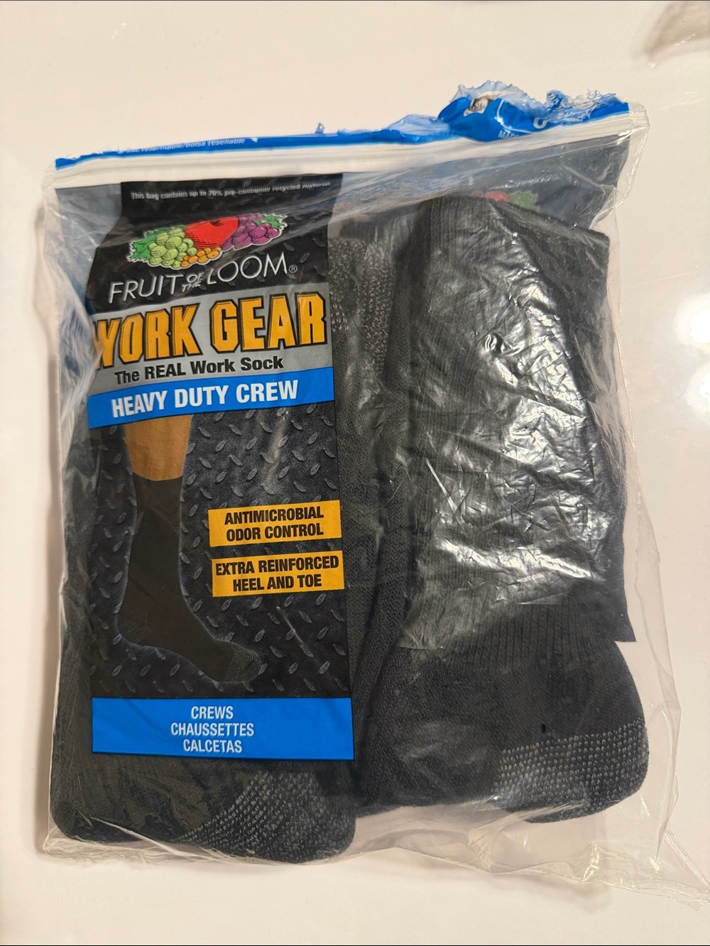 Fruit of the Loom Black York Gear Heavy Duty Crew Socks. Size L 6-12. 4 Pairs